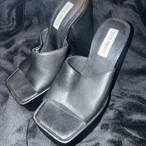 Steve Madden Black Square-Toe Platform Mules - Slip-On Block Heel Sz 7m